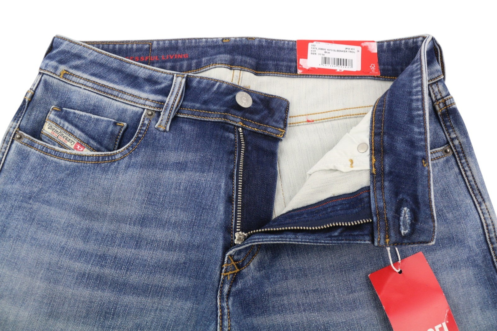 DIESEL 1979 Sleenker 09B66 vyriški džinsai W31/L34 mėlyni, išblukę, aptempti, pėdomis su užtrauktuku, džinsinis audinys 