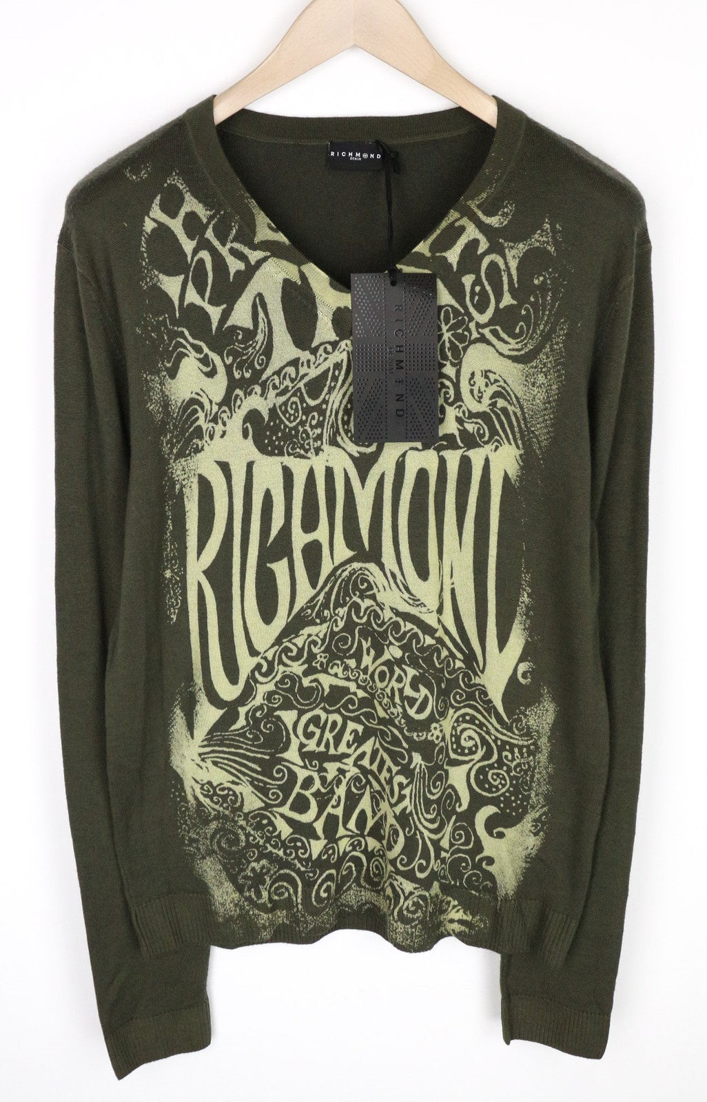 RICHMOND vyriškas 50 dydžio žalias vilnonis megztinis su logotipu ilgomis rankovėmis 