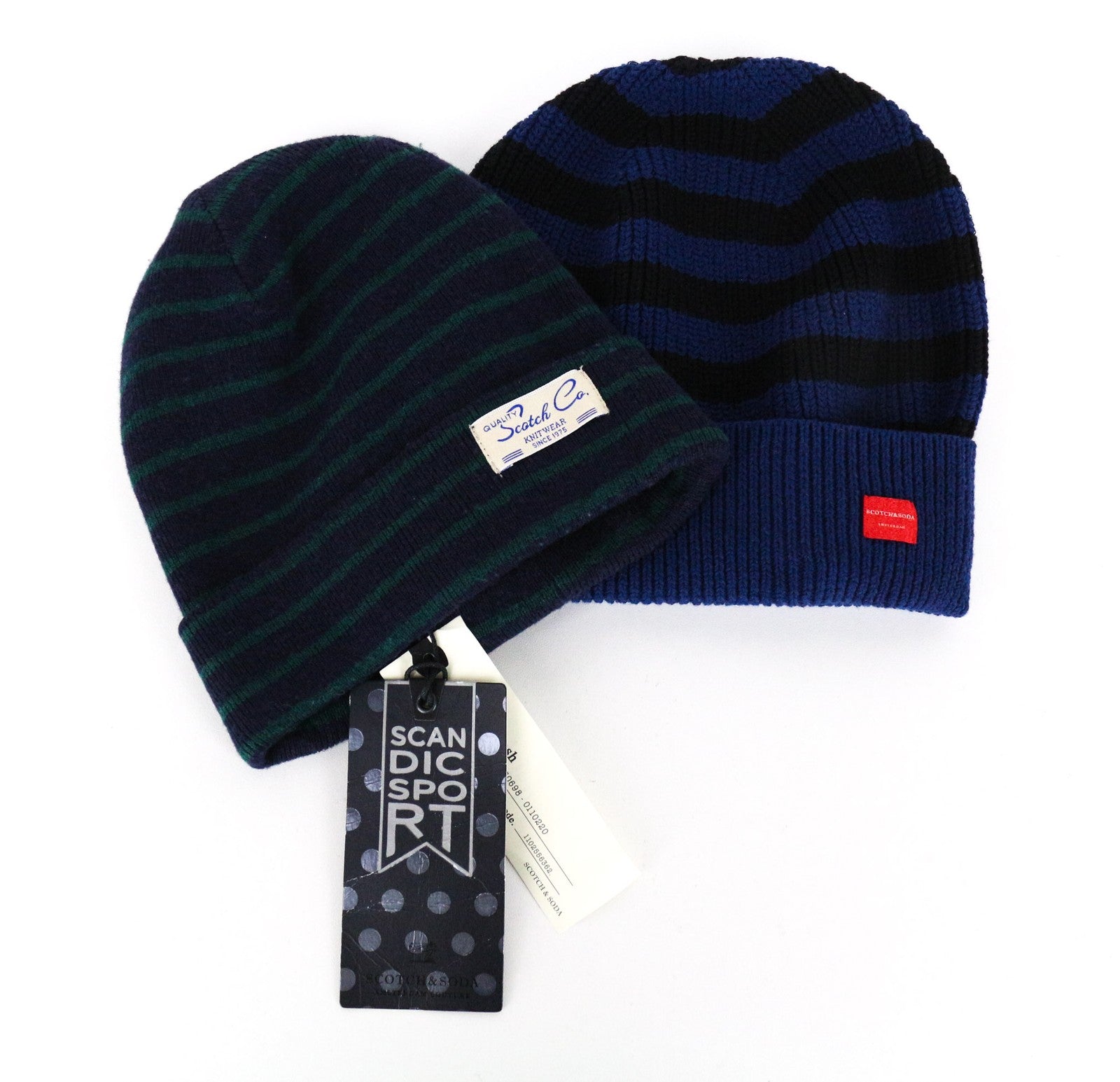 SCOTCH & SODA Men's OS Blue Wool Cotton 2x Beanie Hat Striped Winter Warm