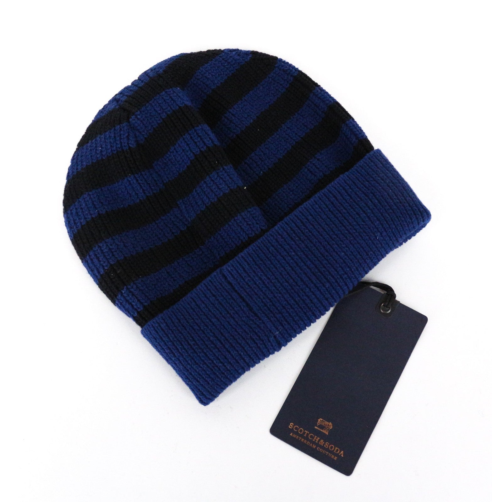 SCOTCH & SODA Men's OS Blue Wool Cotton 2x Beanie Hat Striped Winter Warm