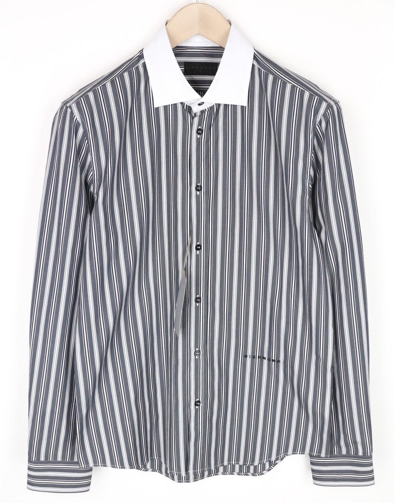 RICHMOND Men's M/L Grey Blue Cotton Blend Shirt w/ Stretch Stripes