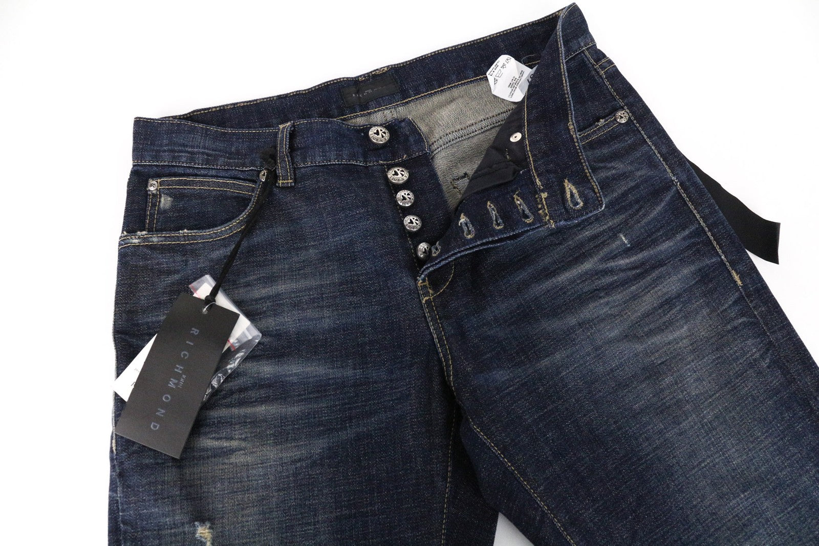 JOHN RICHMOND vyriški džinsai, 31 dydis, mėlyni, skalbto džinso, tamprūs, įprasto kirpimo