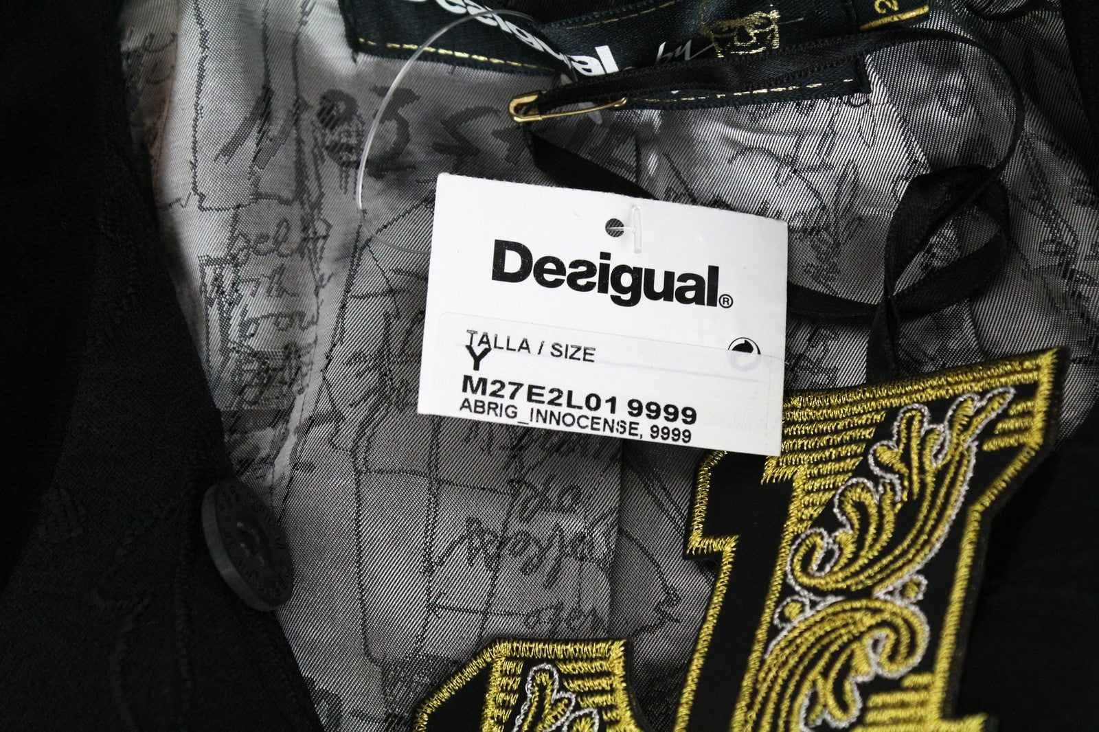 DESIGUAL Innocense moteriškas paltas ~38 juodas vilnos ir medvilnės mišinio dvigubas priekis