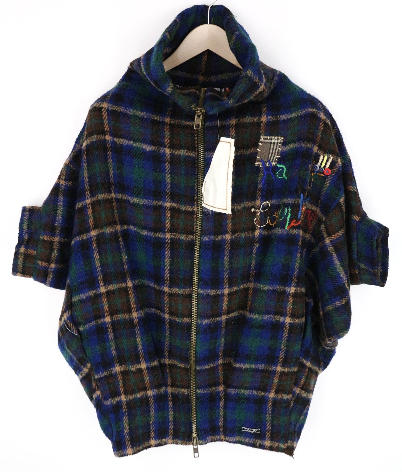 DESIGUAL moteriška EU36 mėlynai žalia trumpomis rankovėmis languota vilnos mišinio striukė su užtrauktuku 