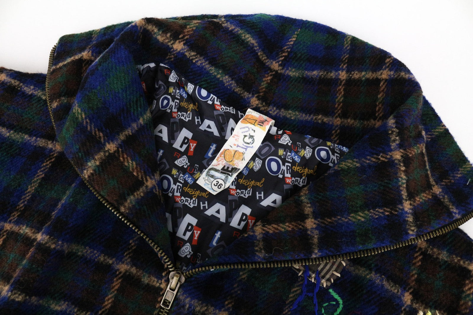 DESIGUAL moteriška EU36 mėlynai žalia trumpomis rankovėmis languota vilnos mišinio striukė su užtrauktuku 