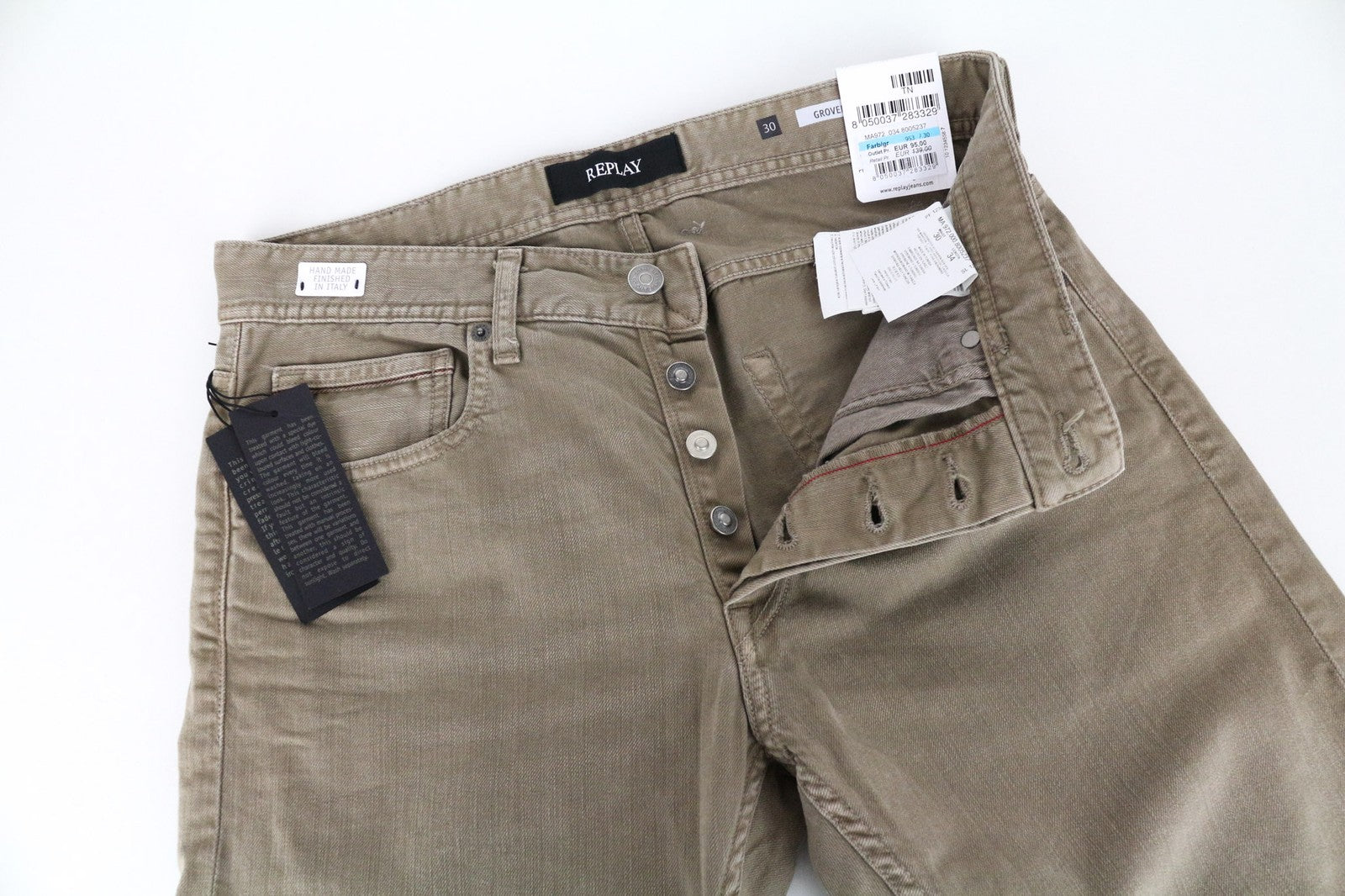 REPLAY Grover vyriški W30/L34 rudi tiesaus kirpimo medvilniniai tamprūs džinsai su sagomis 