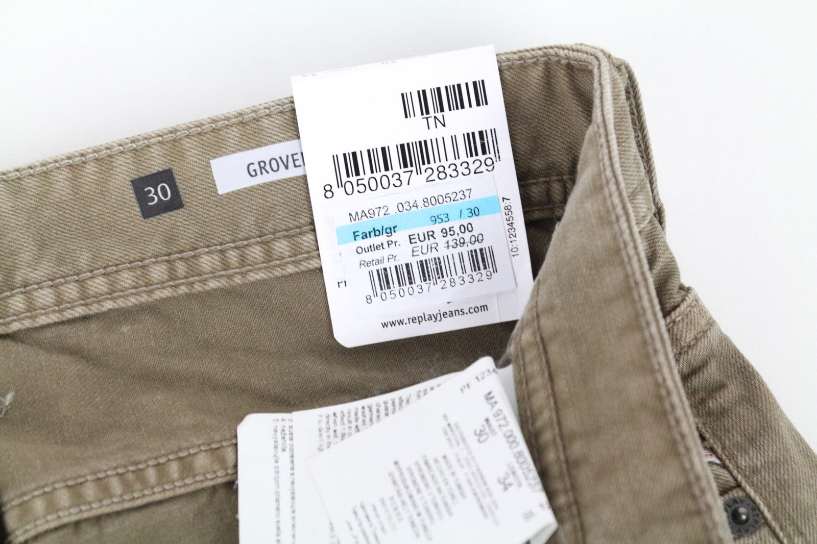 REPLAY Grover vyriški W30/L34 rudi tiesaus kirpimo medvilniniai tamprūs džinsai su sagomis 