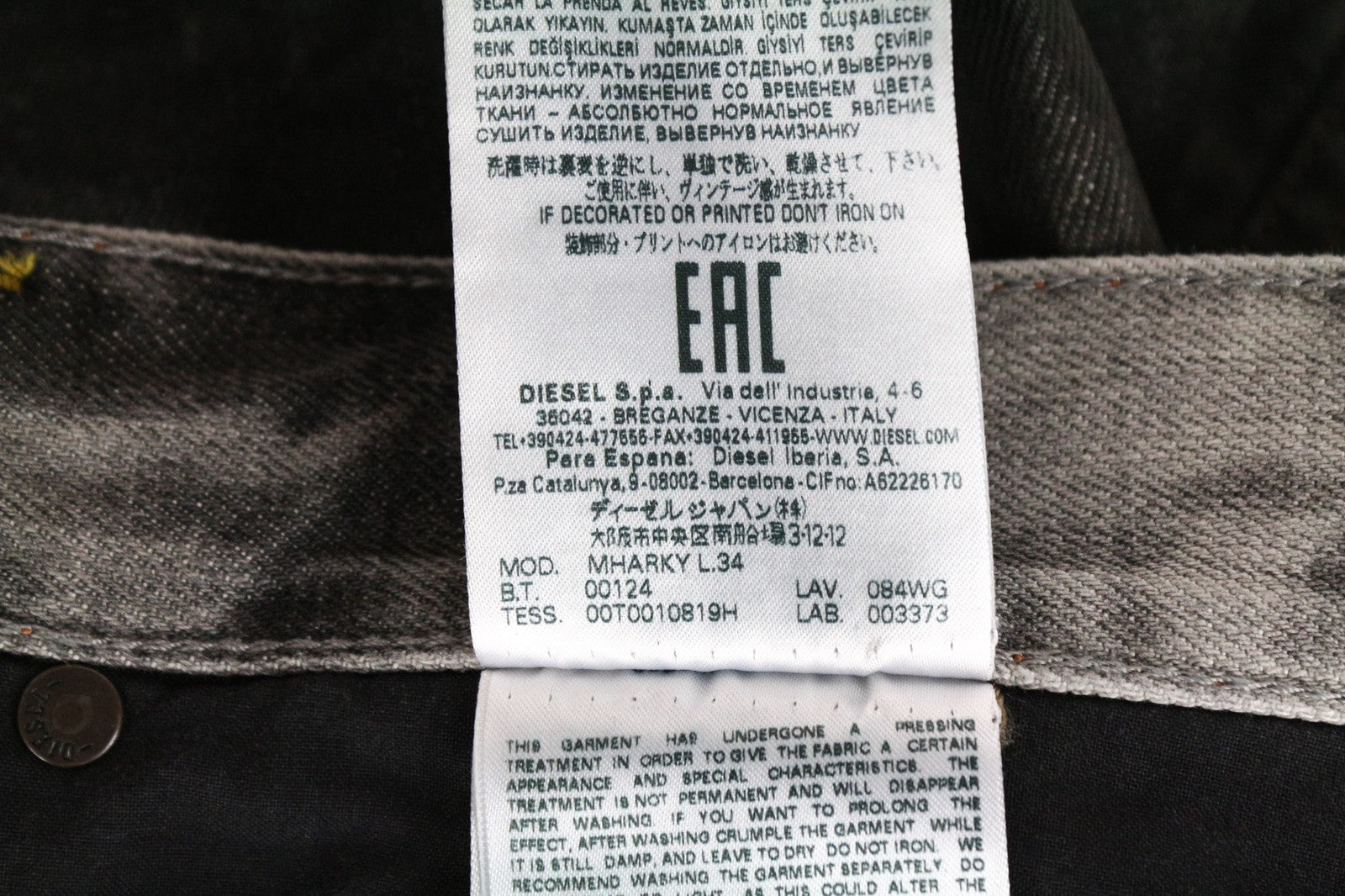 DIESEL Mharky 084WG vyriški pilki W34/L34 plėšyti aptempti grynos medvilnės džinsai 