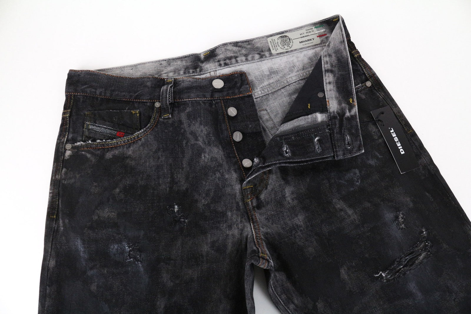 DIESEL Mharky 084WG vyriški pilki W34/L34 plėšyti aptempti grynos medvilnės džinsai 
