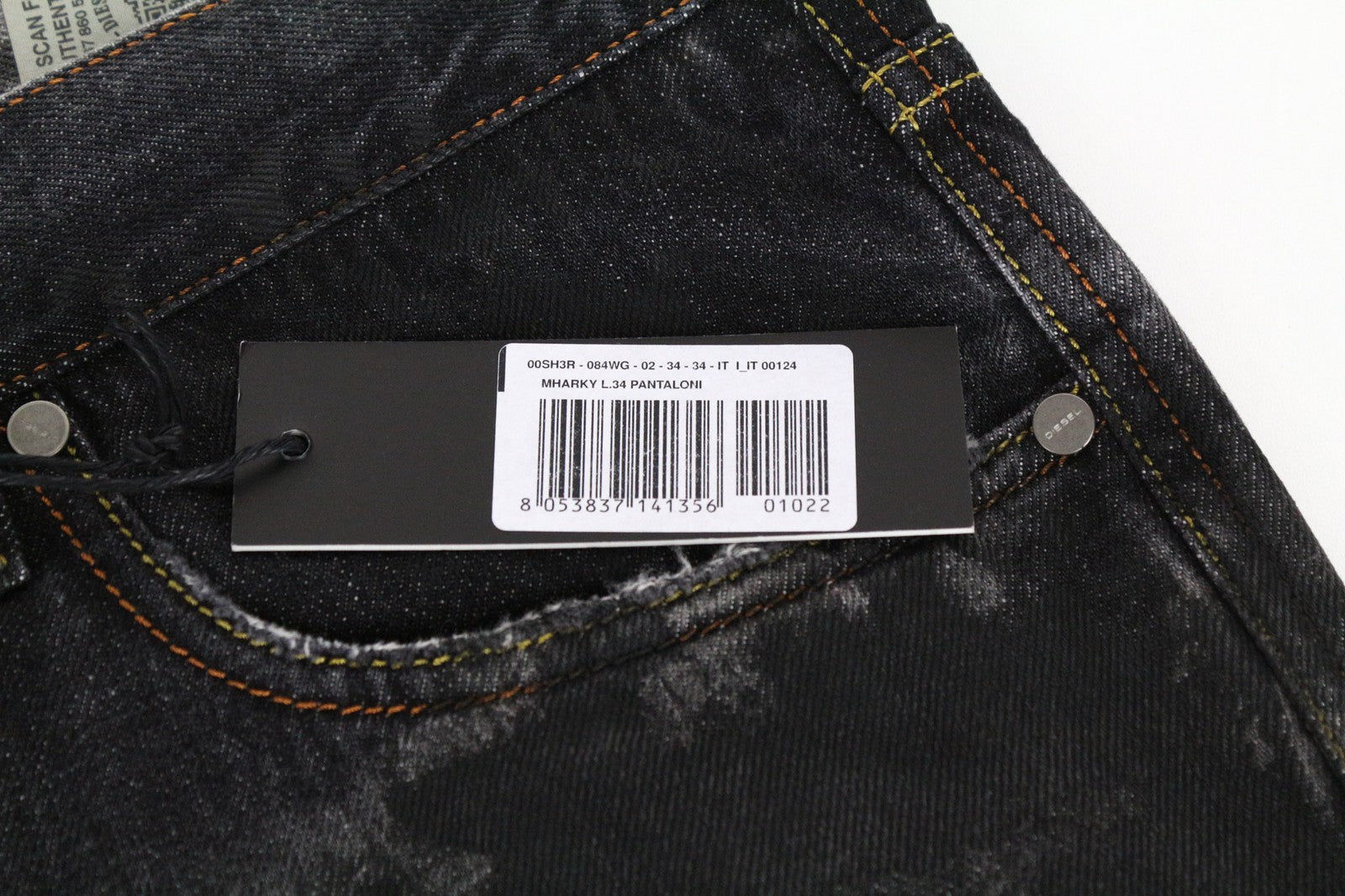 DIESEL Mharky 084WG vyriški pilki W34/L34 plėšyti aptempti grynos medvilnės džinsai 