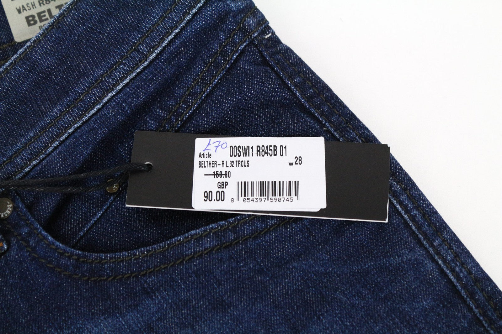 DIESEL Belther-R R845B vyriški W28/L32 siaurėjantys mėlyni medvilniniai džinsai su skalbto audinio efektu 