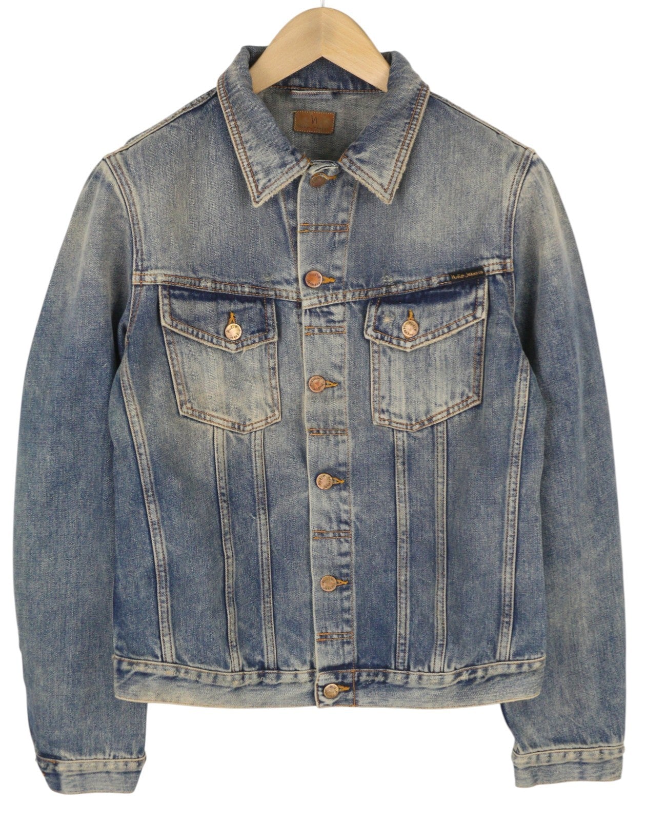 NUDIE JEANS Billy Men Jacket M Shimmering Indigo Button-Up Washed Distress Blue