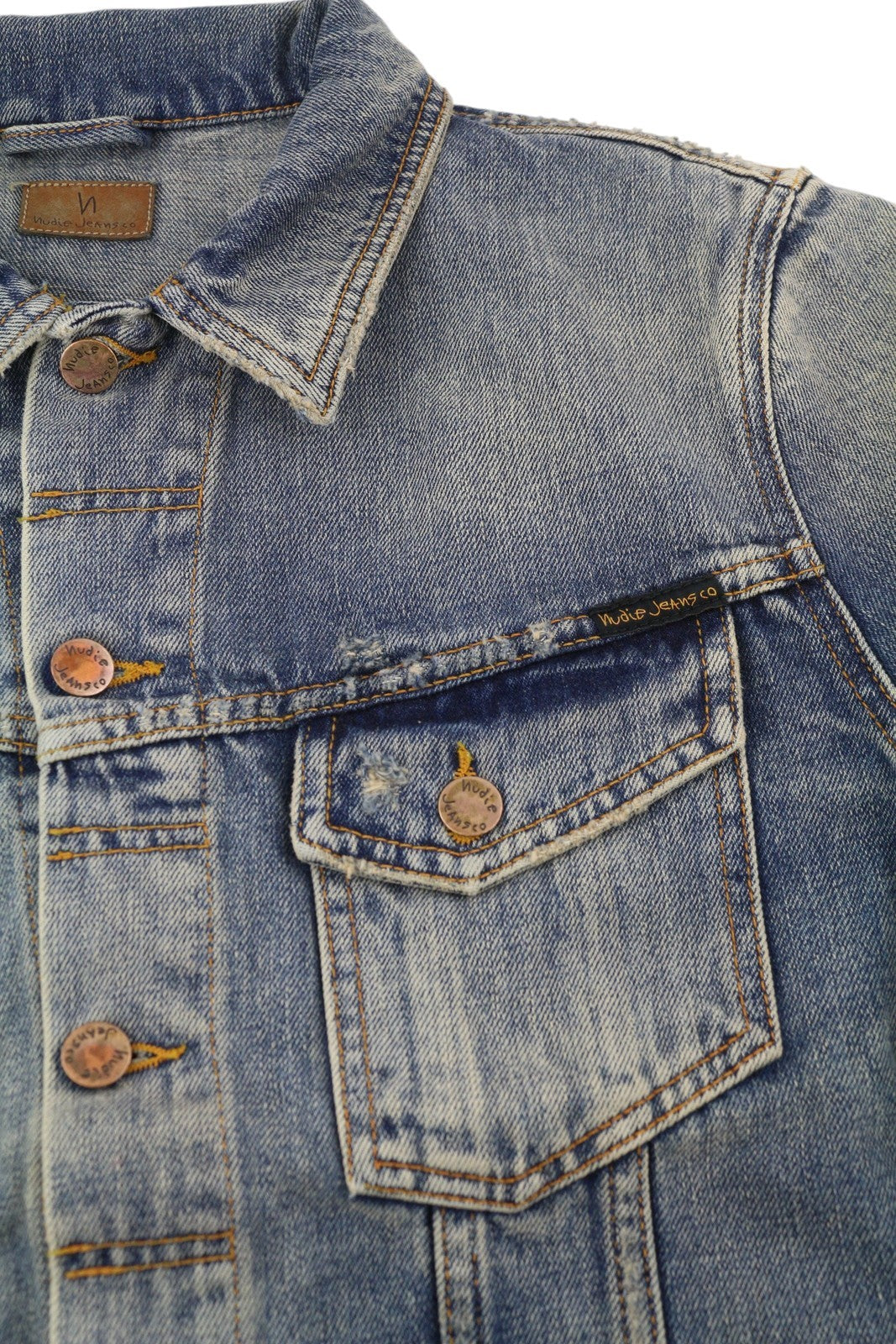 NUDIE JEANS Billy Men Jacket M Shimmering Indigo Button-Up Washed Distress Blue