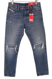 DIESEL 1995 09E02 vyriški džinsai W31/L32 mėlyni, plėšyti, ploni, tiesūs, RRP 375 USD 