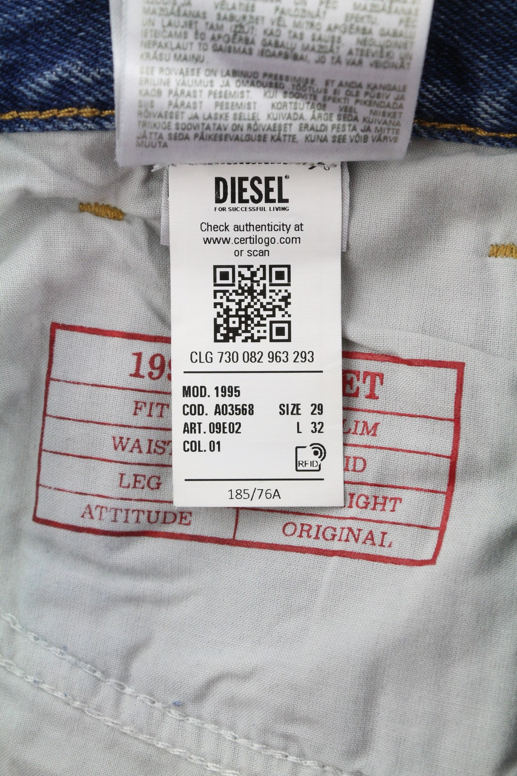 DIESEL 1995 09E02 vyriški džinsai W29/L32 mėlyni, plėšyti, ploni, tiesūs, RRP 375 USD 