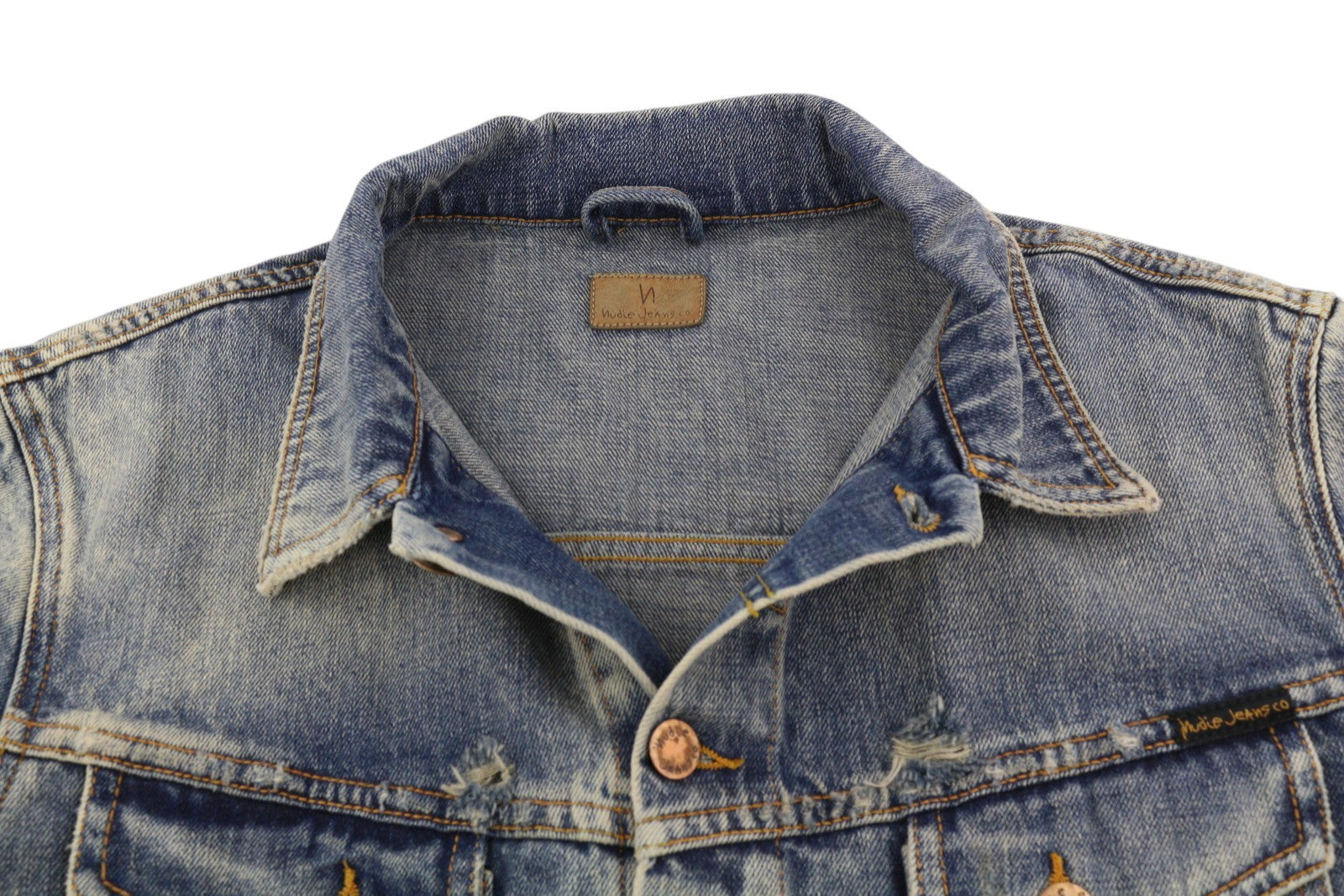 NUDIE JEANS Billy Men Jacket L Shimmering Indigo Button-Up Distress Faded Denim
