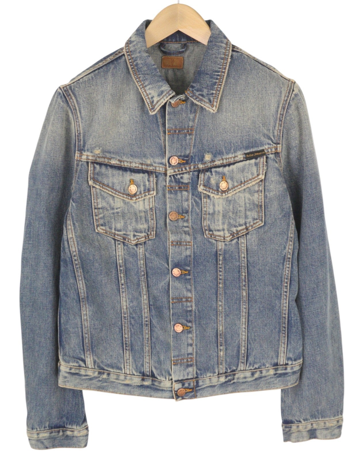 NUDIE JEANS Billy Men Jacket M Shimmering Indigo Button-Up Ripped Faded Denim