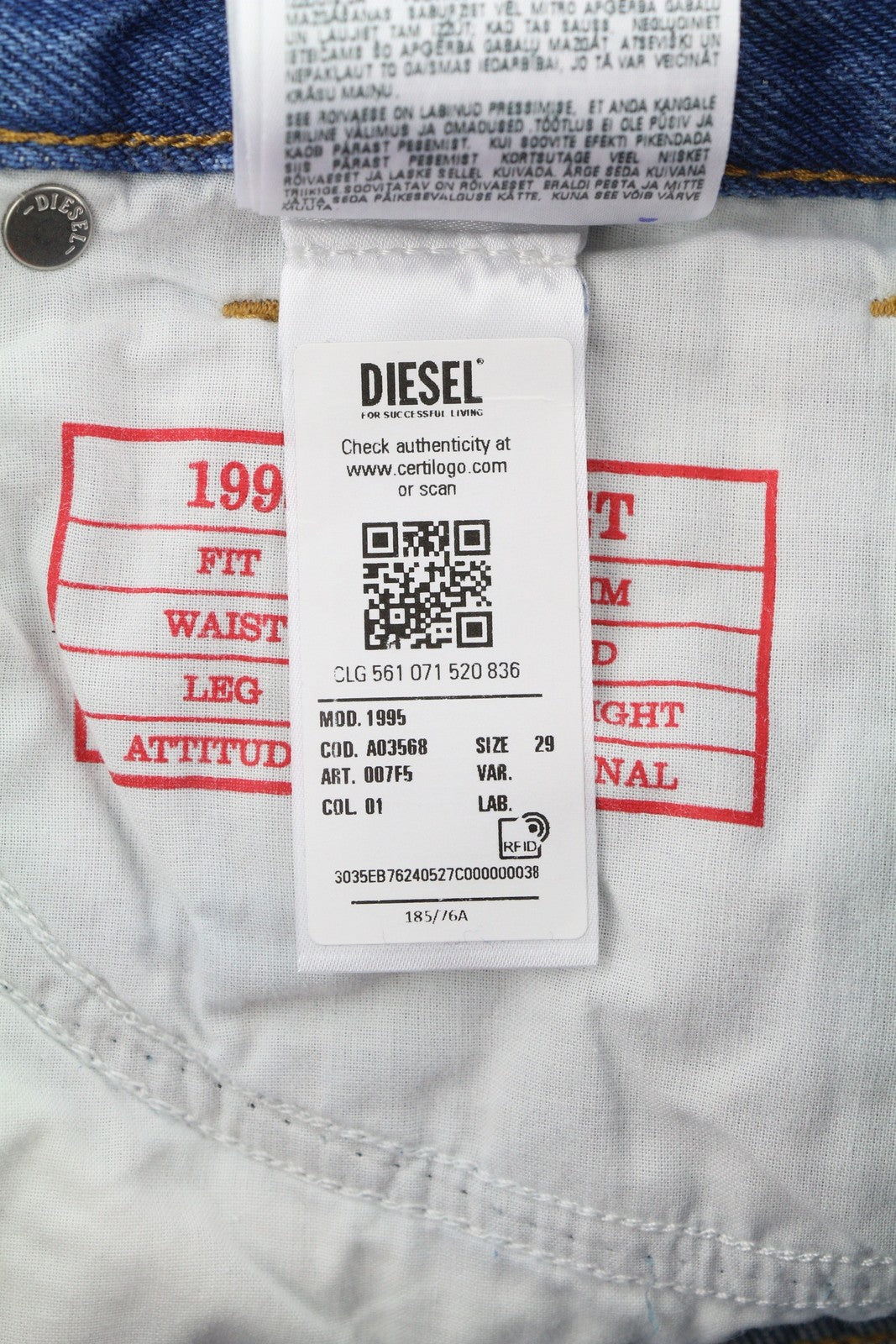 DIESEL 1995 007F5 vyriški džinsai W29/L32 Slim Fit tiesaus kirpimo, su logotipu ir RRP 250 € 