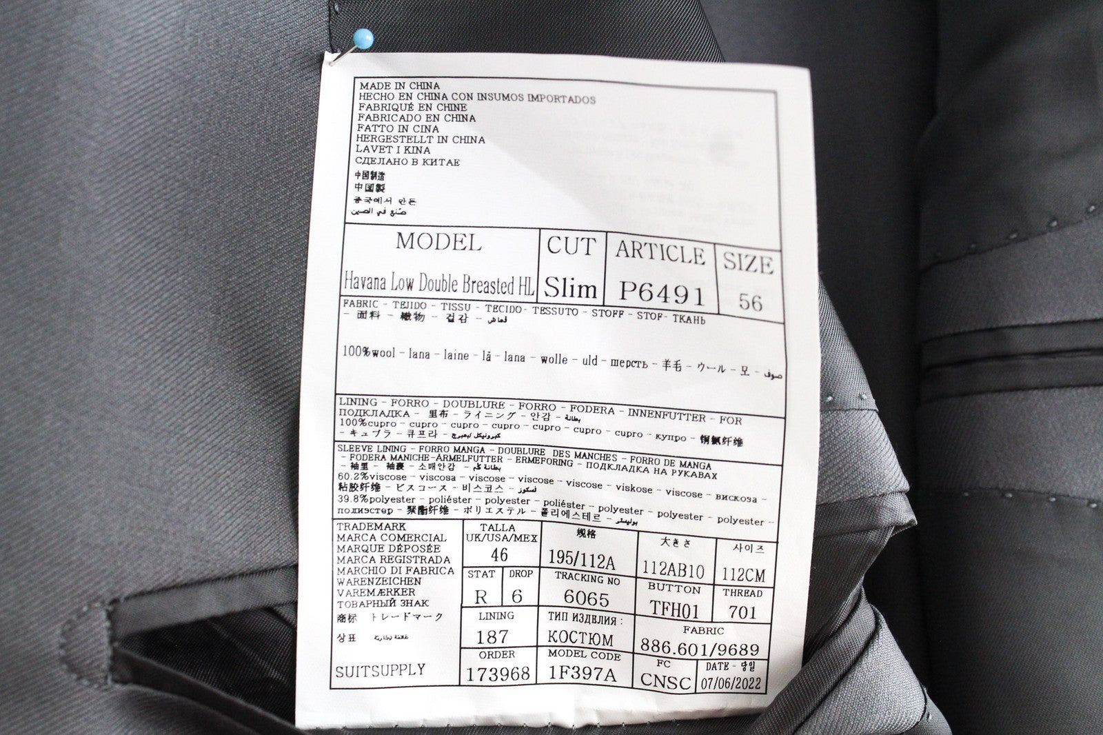 „SUITSUPPLY“ vyriškas Havanos švarkas, pilkas, vilnonis, S110, dvieilis, plonas 