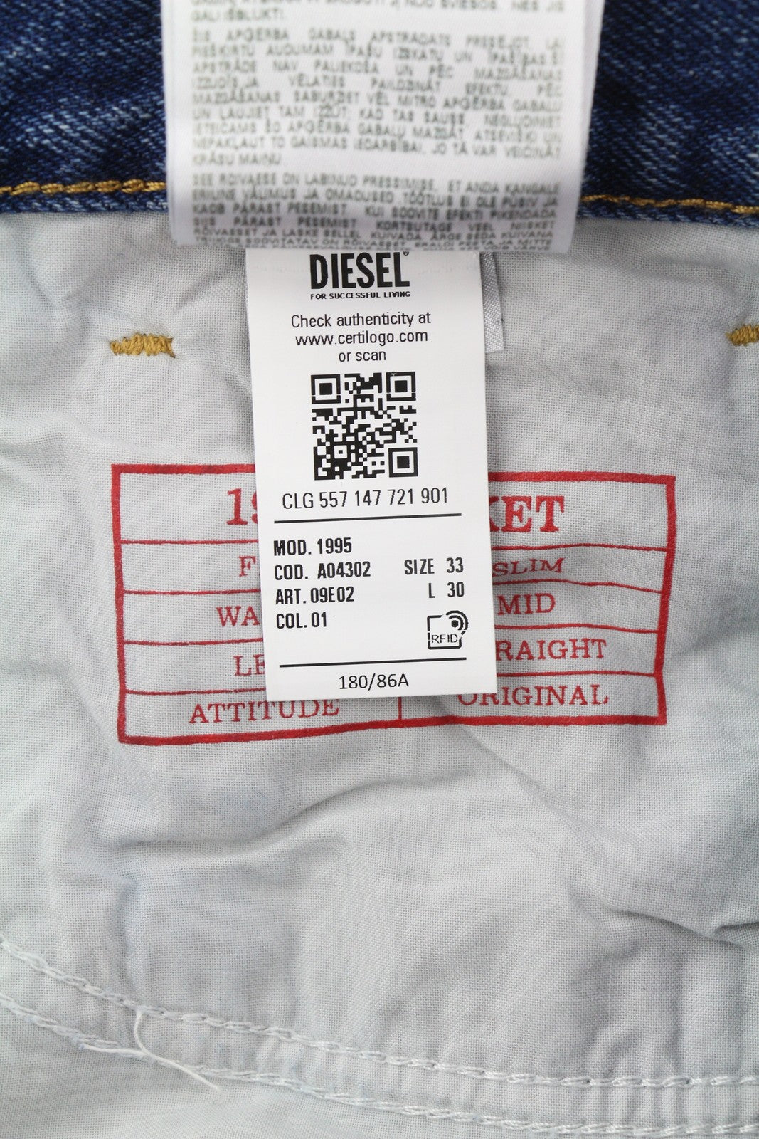 DIESEL 1995 09E02 vyriški džinsai W33/L30 mėlyni, plėšyti, ploni, tiesūs, RRP 375 USD 