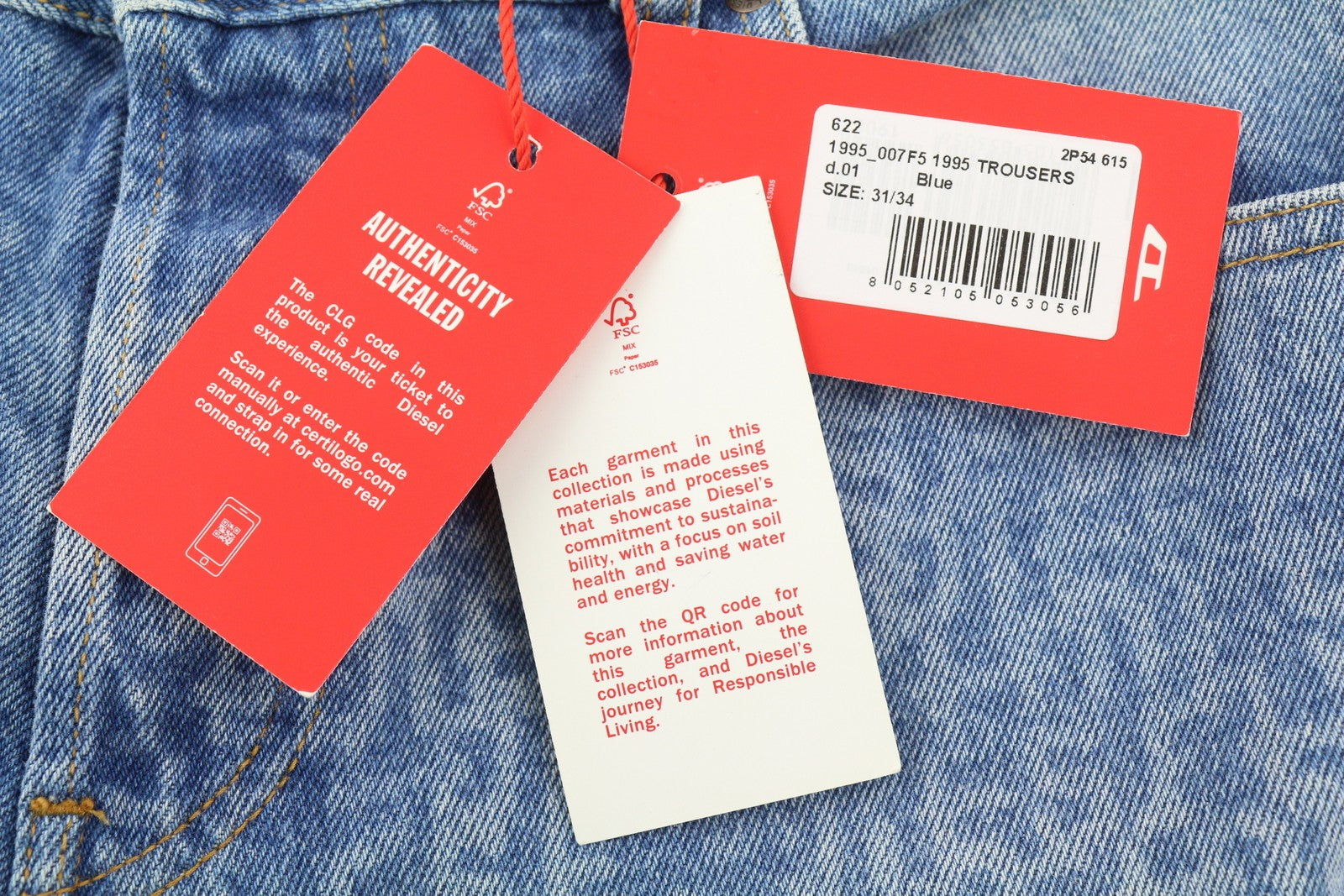 DIESEL 1995 007F5 vyriški džinsai W31/L34, prigludę, tiesaus kirpimo, raštuoti, rekomenduojama mažmeninė kaina – 250 € 