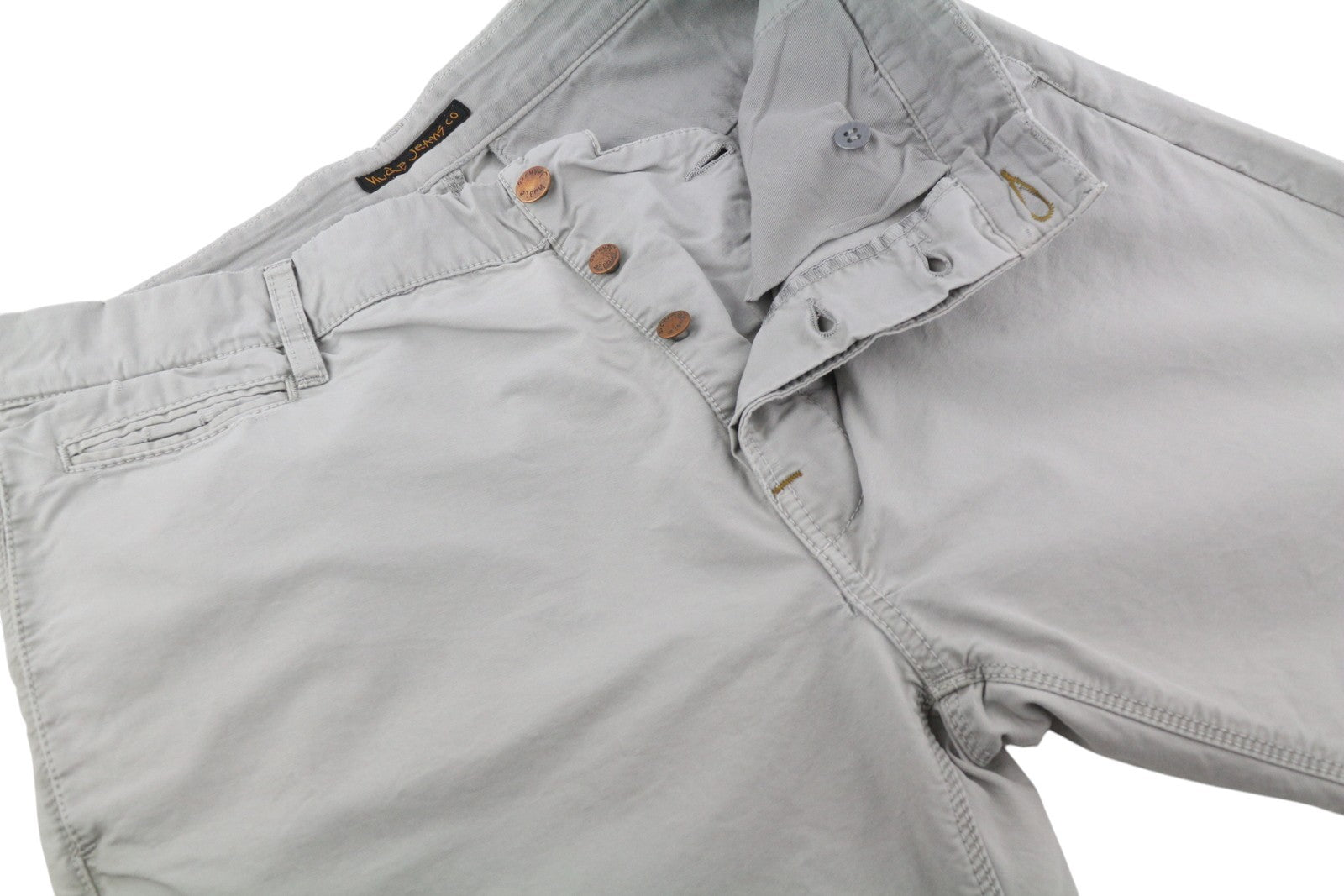 NUDIE JEANS chaki spalvos įprastos vyriškos kelnės W32/L34 Gey Moon Dust Distress Chino 