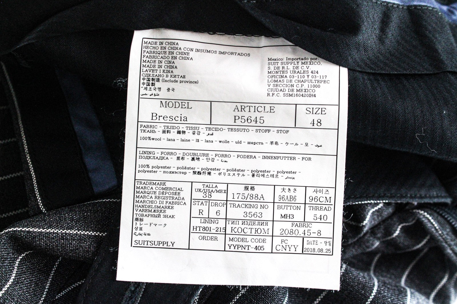 SUITSUPPLY Brescia Men's Trousers UK38R Grey Wool Flat-Front Slim Pinstripe