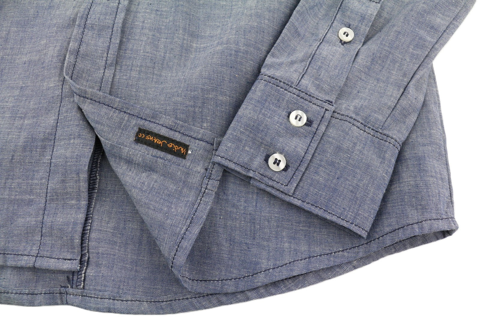 NUDIE JEANS Conny vyriški marškinėliai M, mėlyni, išblukę, sagomis užsegamos, užlopytos kišenės. 