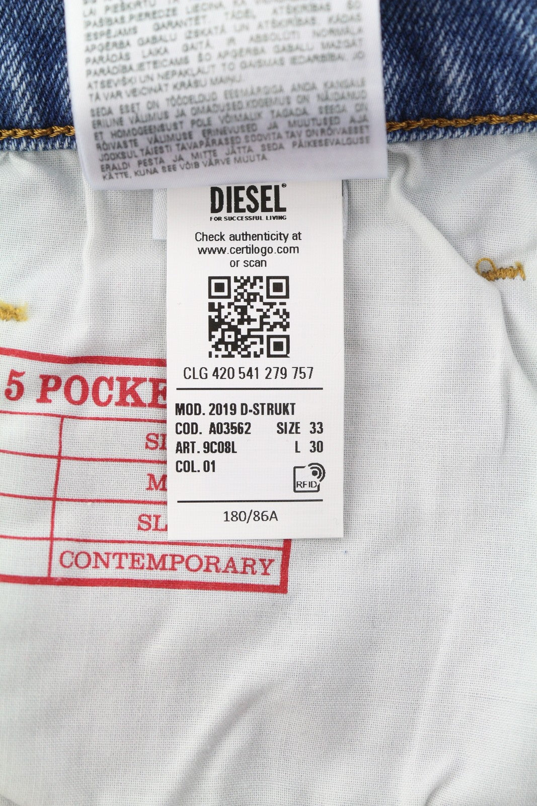 DIESEL 2019 D-Strukt 9C08L vyriški džinsai W33/L30 mėlyni, išblukinti, skalbti, prigludę, kaina – 350 USD 