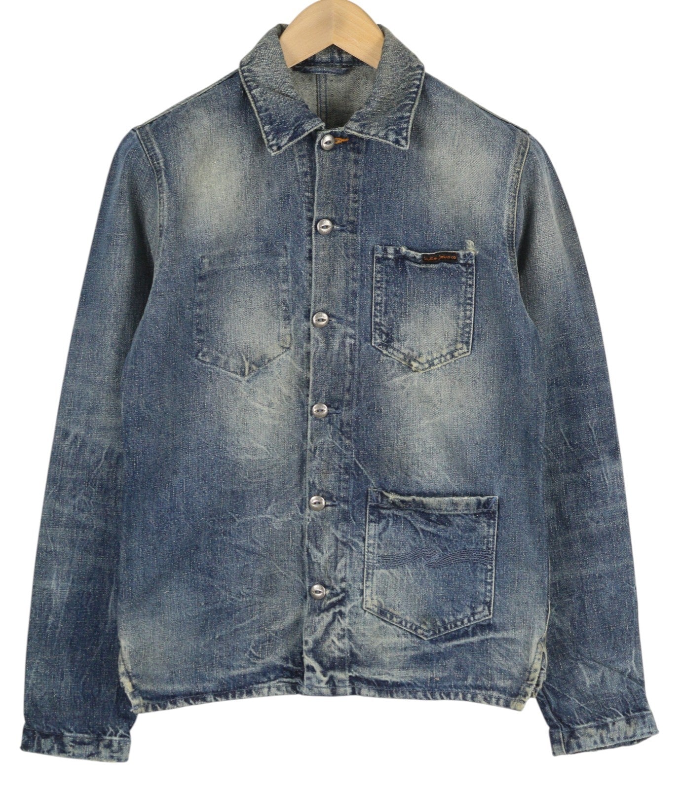 NUDIE JEANS Tryggve vyriška striukė S, kosminės mėlynos spalvos, išblukinto džinso spalvos, su uždėtinėmis kišenėmis, sagomis 