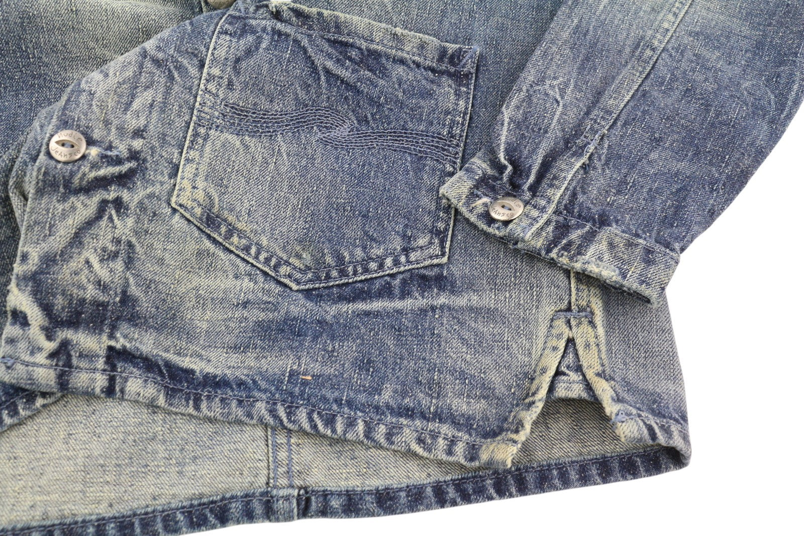 NUDIE JEANS Tryggve vyriška striukė S, kosminės mėlynos spalvos, išblukinto džinso spalvos, su uždėtinėmis kišenėmis, sagomis 