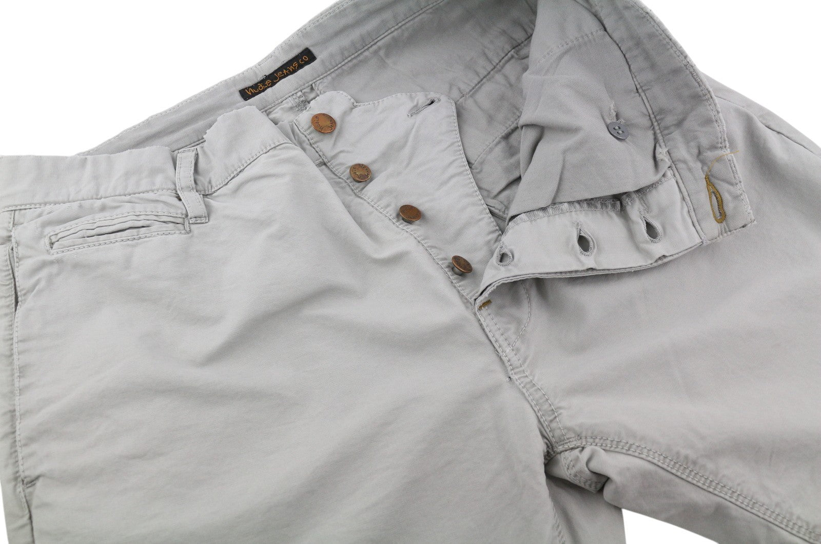 NUDIE JEANS Khaki spalvos įprastos vyriškos kelnės W32/L34 Organic Moon Dust Distressed 