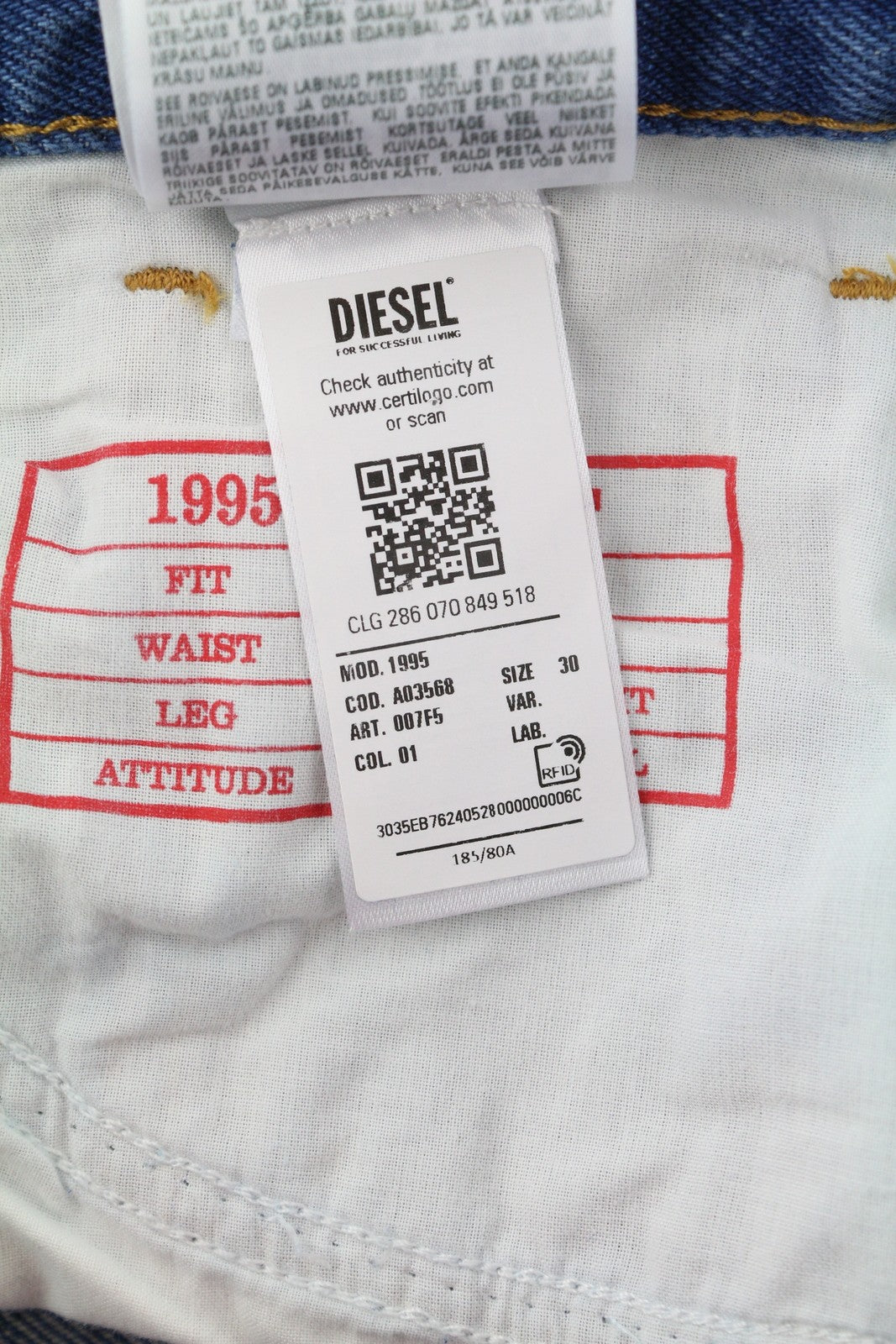 DIESEL 1995 007F5 Men Jeans W30/L32 Slim Fit Straight Leg Patterned RRP€250