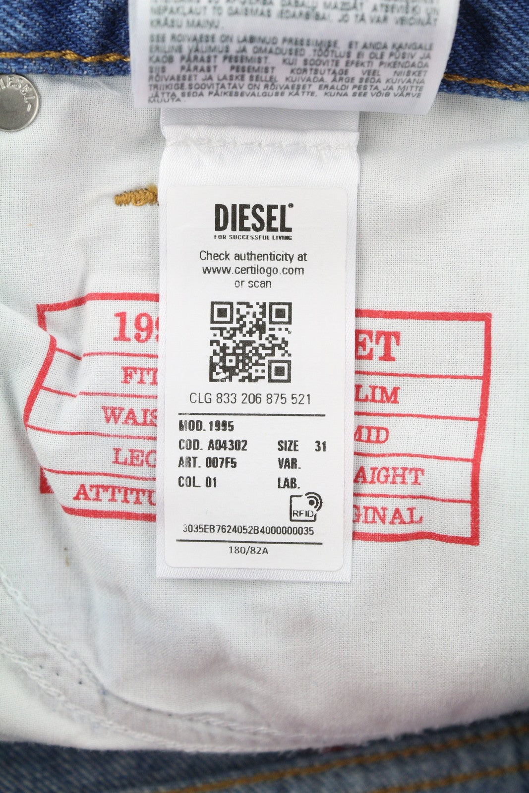 DIESEL 1995 007F5 Men Jeans W31/L30 Slim Fit Straight Leg Logo Print RRP€250