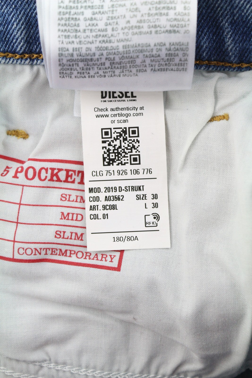 DIESEL 2019 D-Strukt 9C08L vyriški džinsai W30/L30 mėlyni, išblukinti, skalbti, prigludę, kaina – 350 USD 