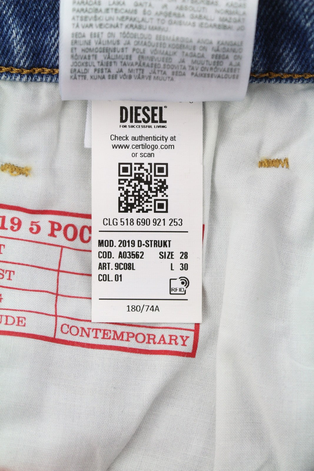 DIESEL 2019 D-Strukt 9C08L vyriški džinsai W28/L30 mėlyni, išblukinti, skalbti, prigludę, kaina – 350 USD 