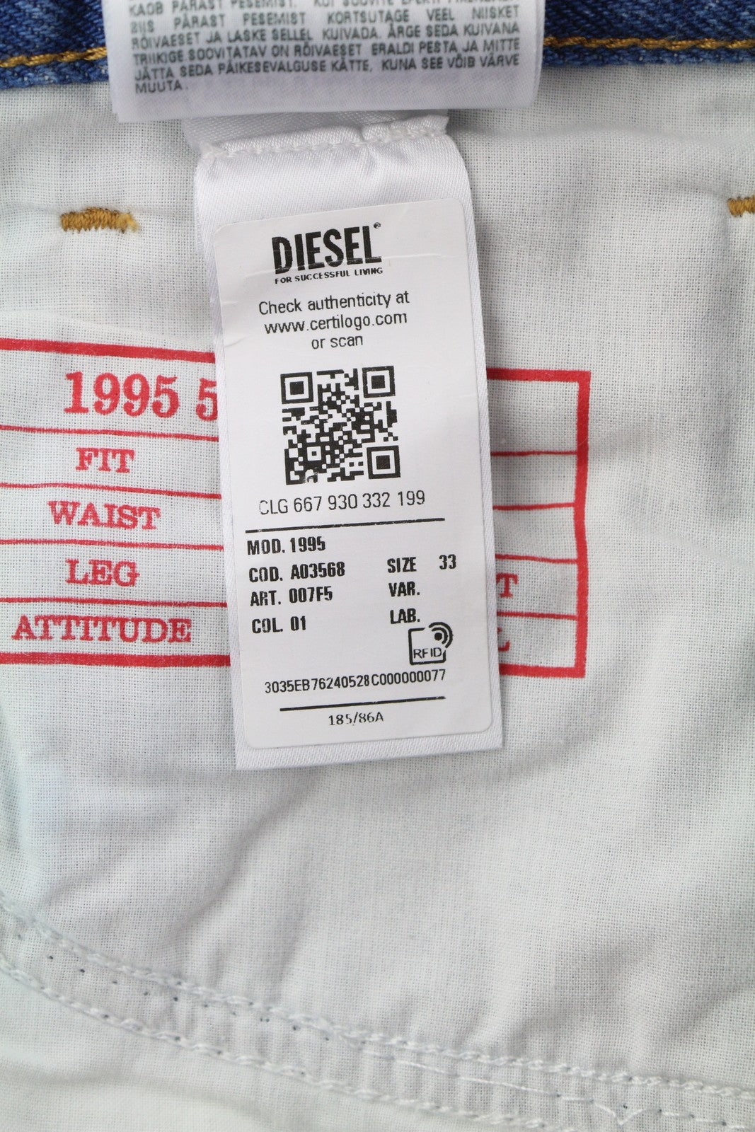 DIESEL 1995 007F5 vyriški džinsai W33/L32 Slim Fit tiesaus kirpimo raštuoti RRP 250 € 