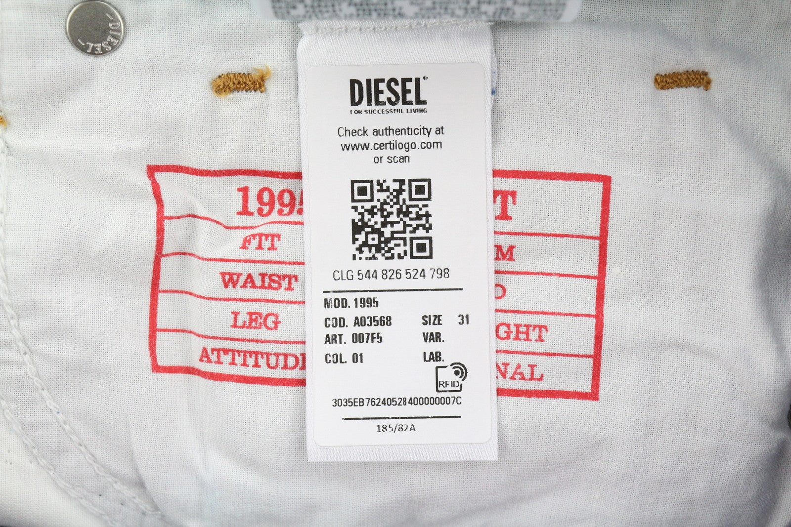 DIESEL 1995 007F5 vyriški džinsai W31/L32 Slim Fit tiesaus kirpimo su logotipu ir RRP 250 € 