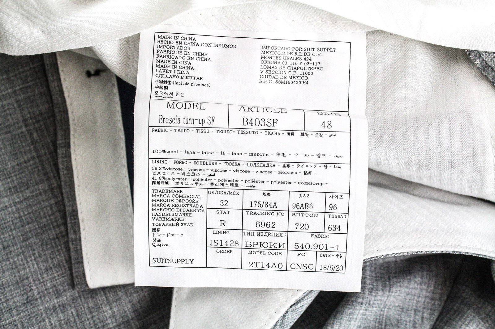 SUITSUPPLY Brescia Men's Turn-Up Trousers UK32R Slim Melange Wool Light Grey