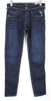 REPLAY Anbass vyriški džinsai W30/L34 Slim siaurėjantys su užtrauktuku ir tamprūs, tamsiai mėlyni, skalbti 