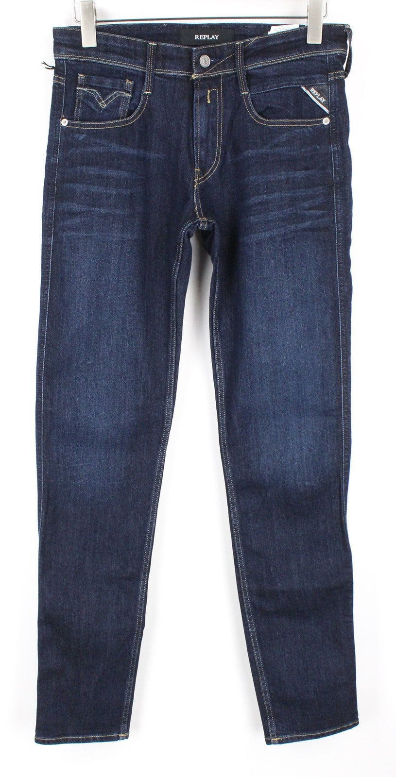 REPLAY Anbass vyriški džinsai W30/L34 Slim siaurėjantys su užtrauktuku ir tamprūs, tamsiai mėlyni, skalbti 