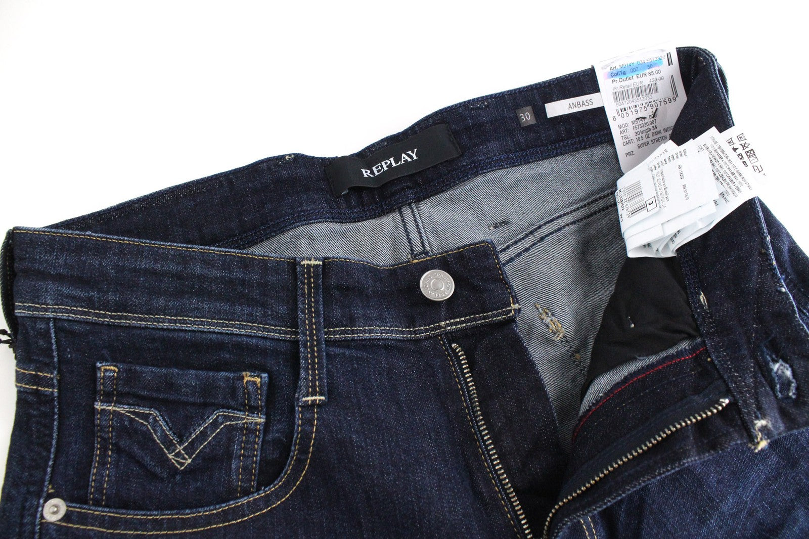 REPLAY Anbass vyriški džinsai W30/L34 Slim siaurėjantys su užtrauktuku ir tamprūs, tamsiai mėlyni, skalbti 