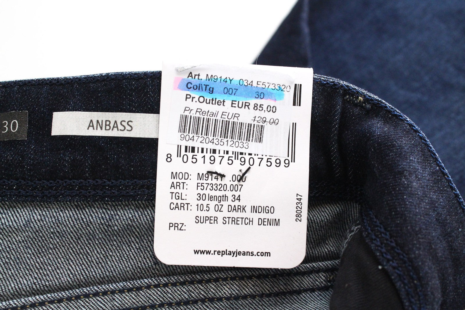 REPLAY Anbass vyriški džinsai W30/L34 Slim siaurėjantys su užtrauktuku ir tamprūs, tamsiai mėlyni, skalbti 