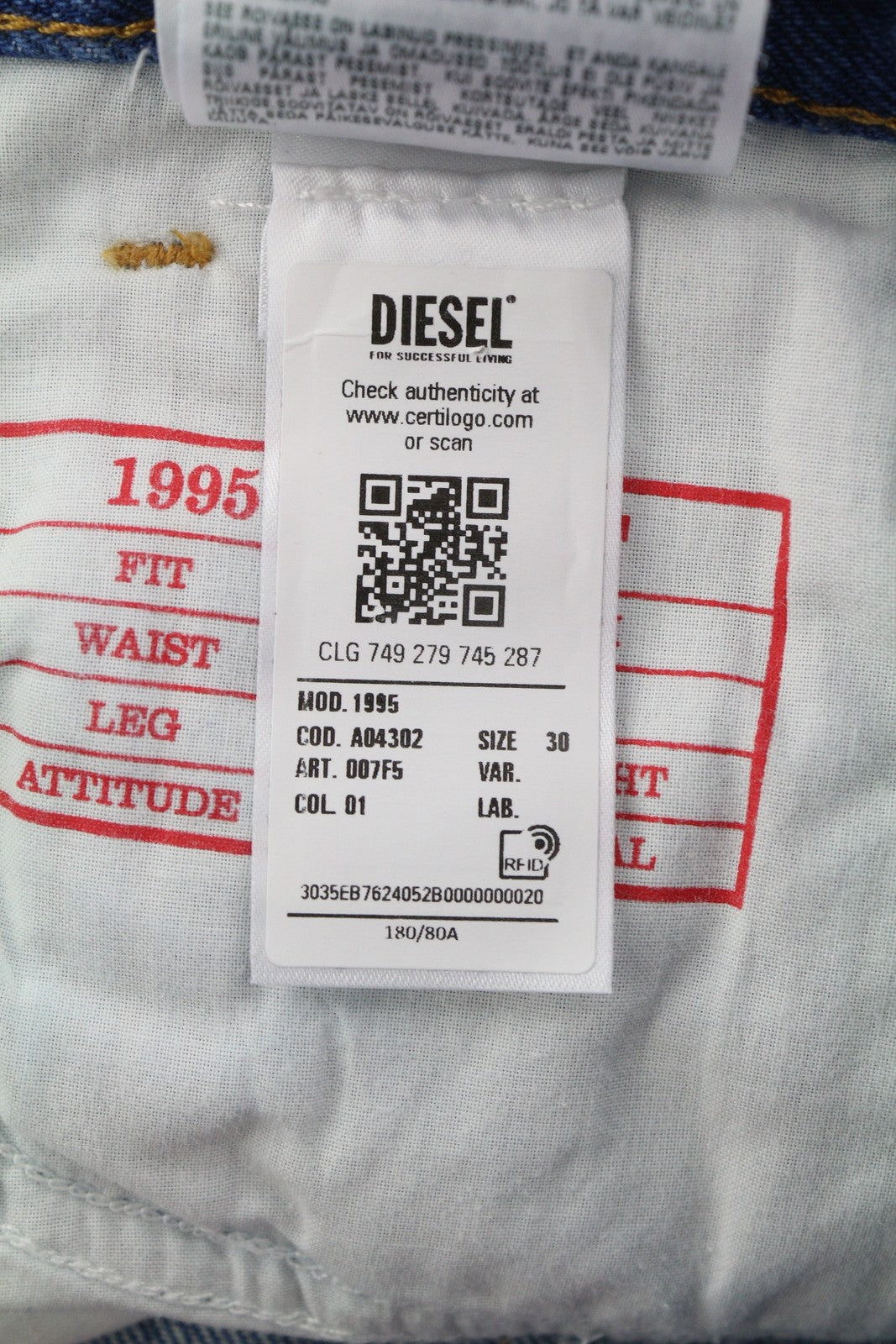 DIESEL 1995 007F5 vyriški džinsai W30/L30 Slim Fit tiesaus kirpimo raštuoti RRP 250 € 