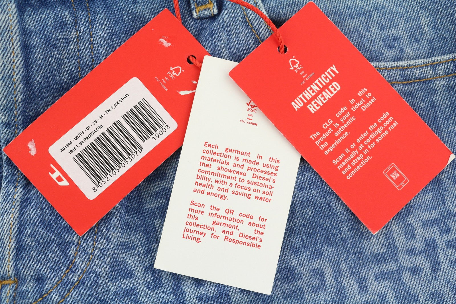 DIESEL 1995 007F5 vyriški džinsai W33/L34, prigludę, tiesaus kirpimo, raštuoti, rekomenduojama mažmeninė kaina – 250 € 