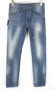 TAKESHY KUROSAWA TK75 Men's Jeans W34 Blue Distressed Stretch Button Fly Slim