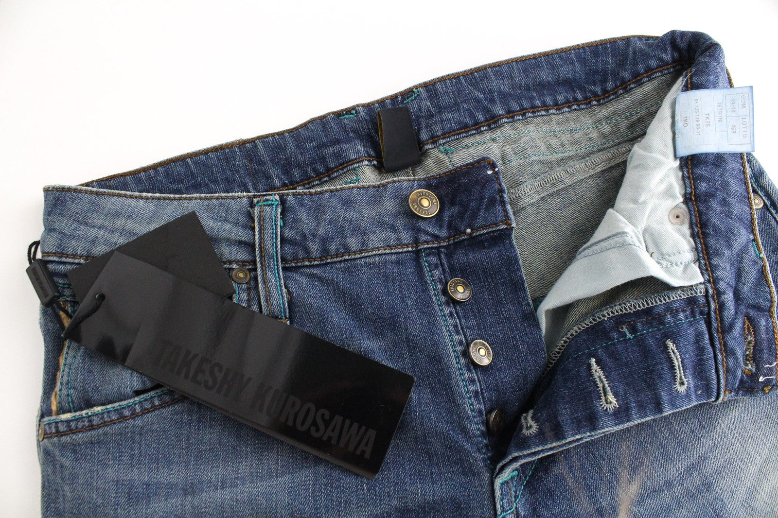 TAKESHY KUROSAWA TK75 Men's Jeans W34 Blue Distressed Stretch Button Fly Slim