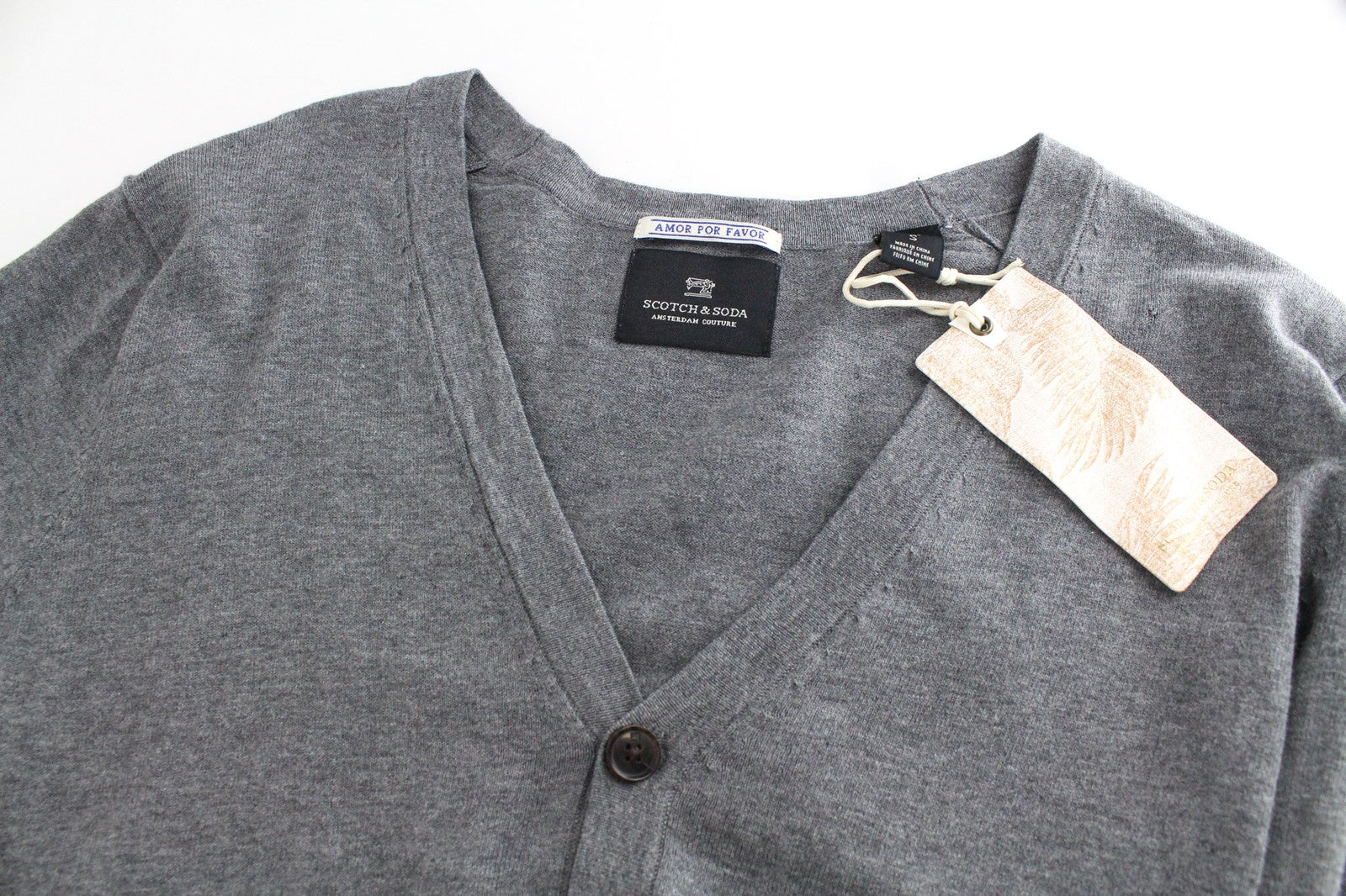 SCOTCH &amp; SODA vyriškas kardiganas S pilkas melanžas medvilninis plonas megztas V formos iškirpte su sagomis 