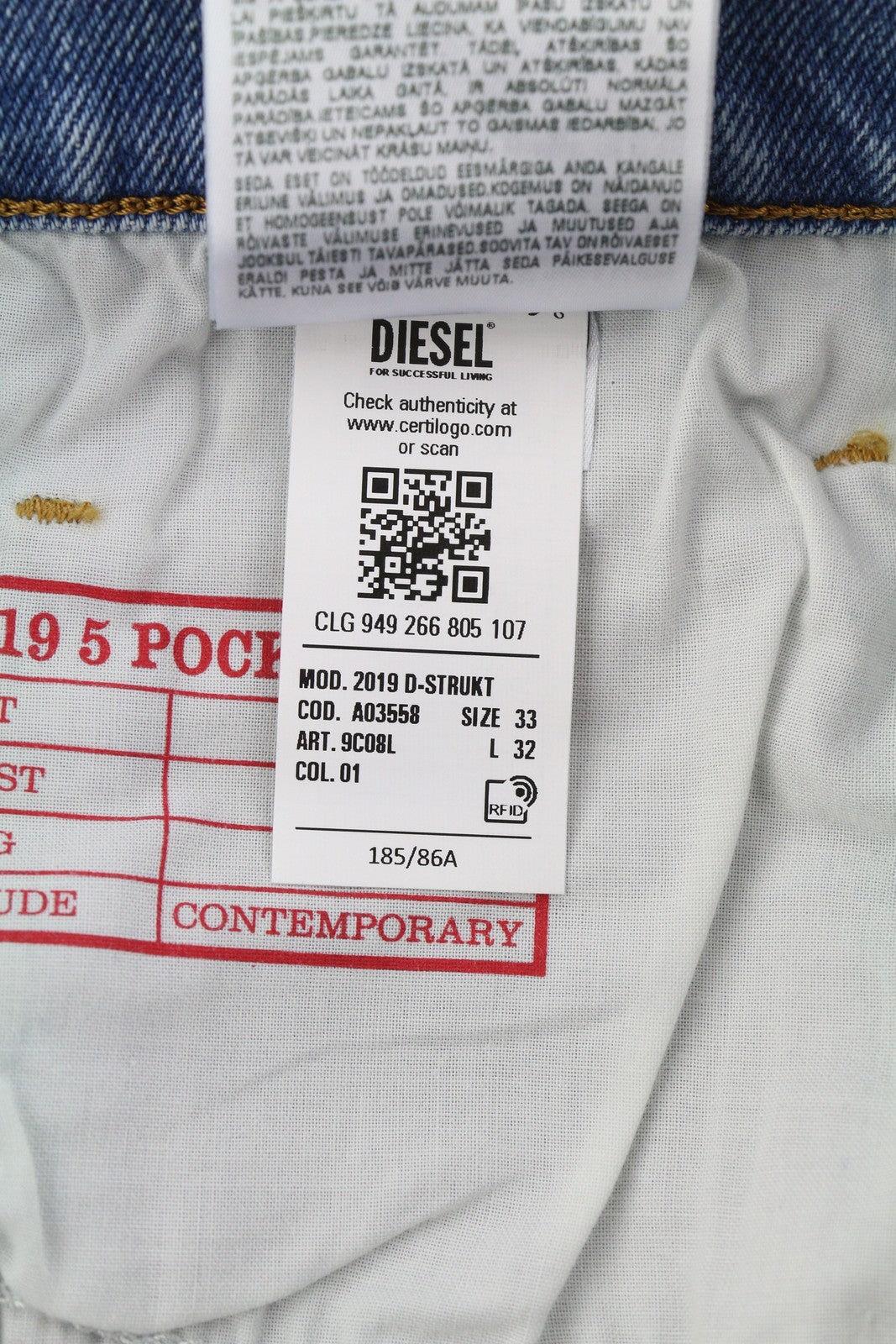 DIESEL 2019 D-Strukt 9C08L vyriški džinsai W33/L32 mėlyni, išblukinti, skalbti, prigludę, kaina – 350 USD 