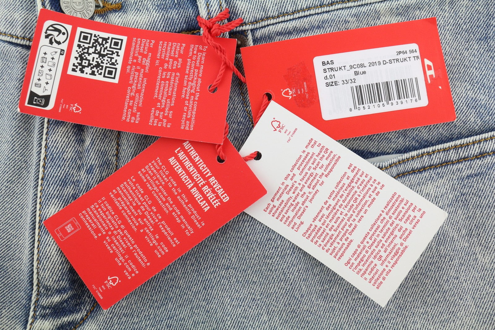 DIESEL 2019 D-Strukt 9C08L vyriški džinsai W33/L32 mėlyni, išblukinti, skalbti, prigludę, kaina – 350 USD 